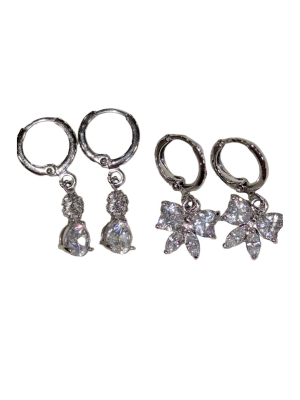 Silver Huggie Earring Set CZ Teardrop Bow Coquette Quiet Luxury Bridal Gift